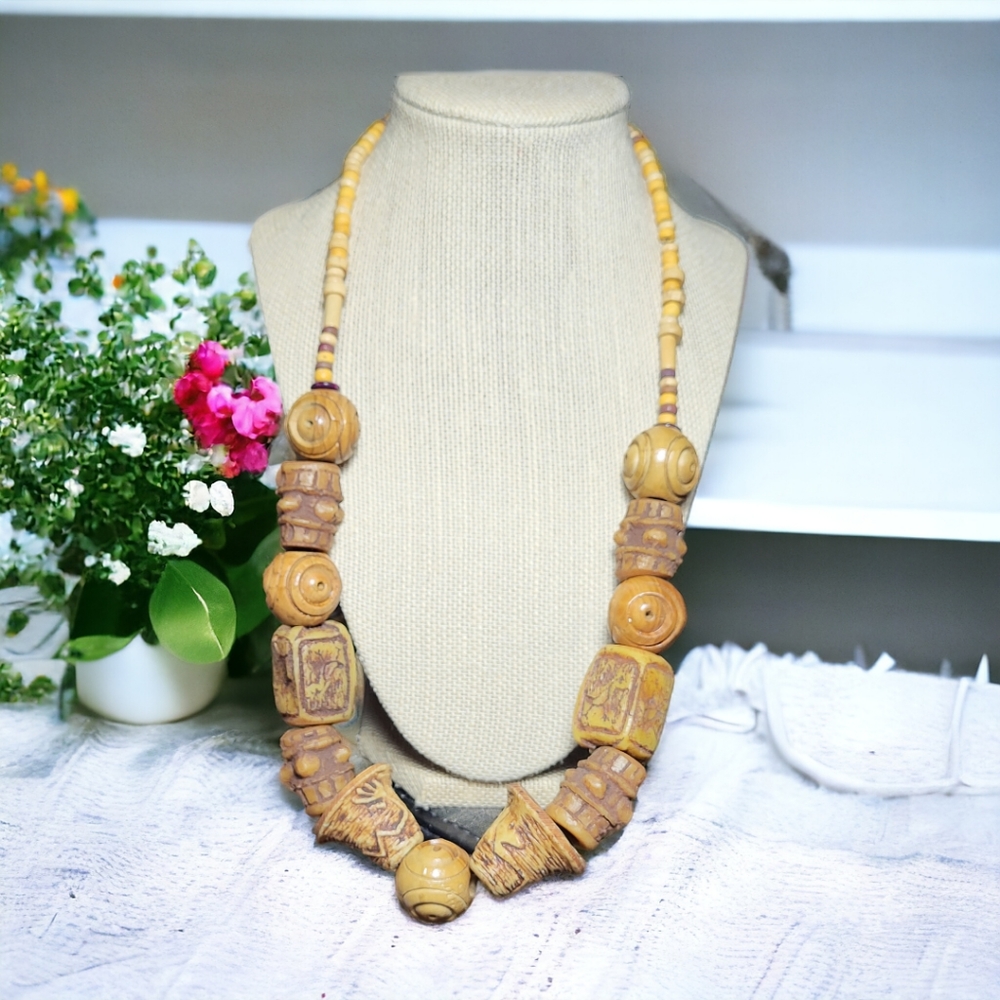 Hand-made large wooden and plastic beads necklace